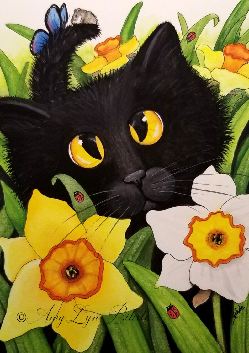 Art by Bihrle ck536 Fuzzy Black Cat /& Friends ORIGINAL Spring Flowers Lady Bug Hamster Butterfly