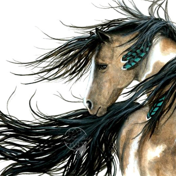 Majestic Horses Pinto Spirit Turquoise Feathers Paint - Fine Art Prints by Bihrle mm89t