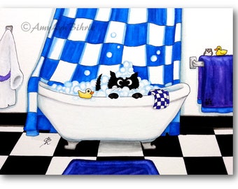 Black Fluffy Cat Bath Bubbles Bathroom Decor- Art Print by Bihrle Signed ck442