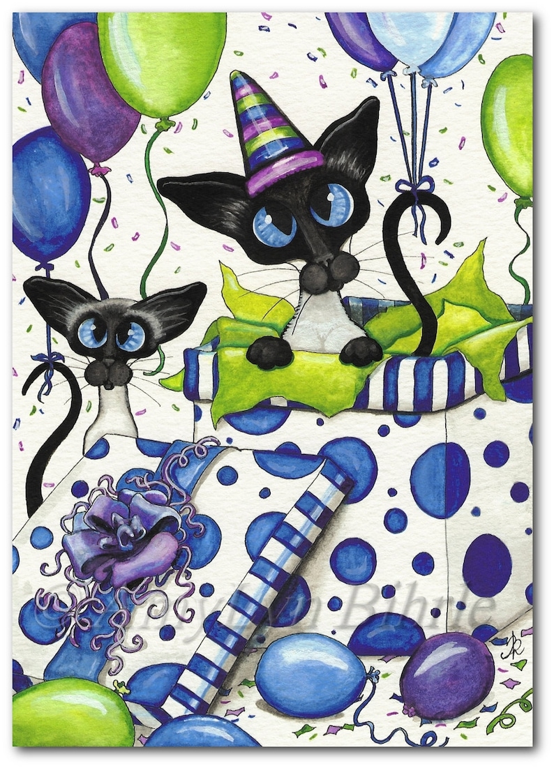 Siamese Cat Happy Birthday Party Art Print by Bihrle Ck372 - Etsy