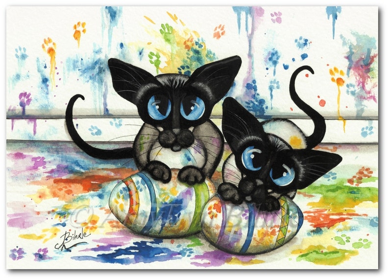 Siamese Cat Double Trouble Easter Egg Painting Art Print by Bihrle ck409 image 1