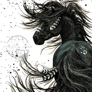 Majestic Horses -Wild - Spirit Horse Black Painted Horse Stallion Friesian Feathers- Prints by AmyLyn Bihrle mm65 ArtofAmyLyn