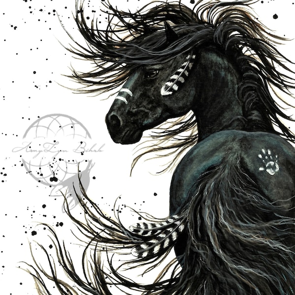 Majestic Horses -Wild - Spirit Horse Black Painted Horse Stallion Friesian Feathers- Prints by AmyLyn Bihrle mm65 ArtofAmyLyn