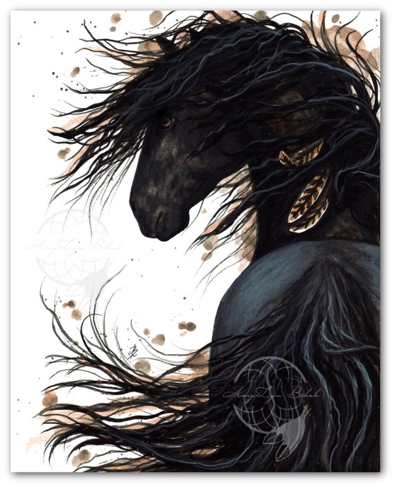 Black Stallion Art Print: Majestic Horse Feathers m143