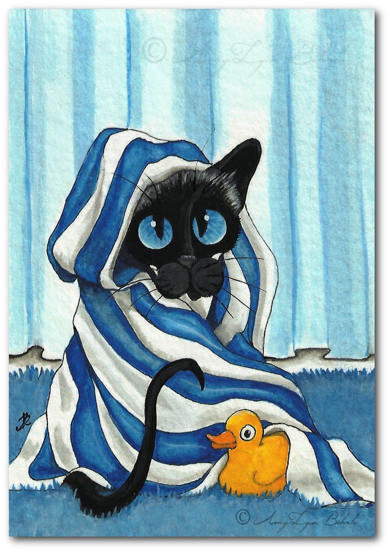 Siamese Cat Wrapped in Bath Towel Rubber Duck Bath Decor ArT Print by Bihrle ck308 image 1