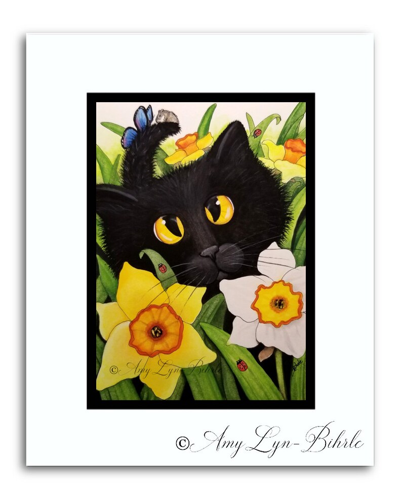 Art by Bihrle ck536 Fuzzy Black Cat /& Friends ORIGINAL Spring Flowers Lady Bug Hamster Butterfly