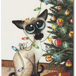 Siamese Cat Stringing the Christmas Lights Holiday Art Prints by Bihrle ck325 image 1