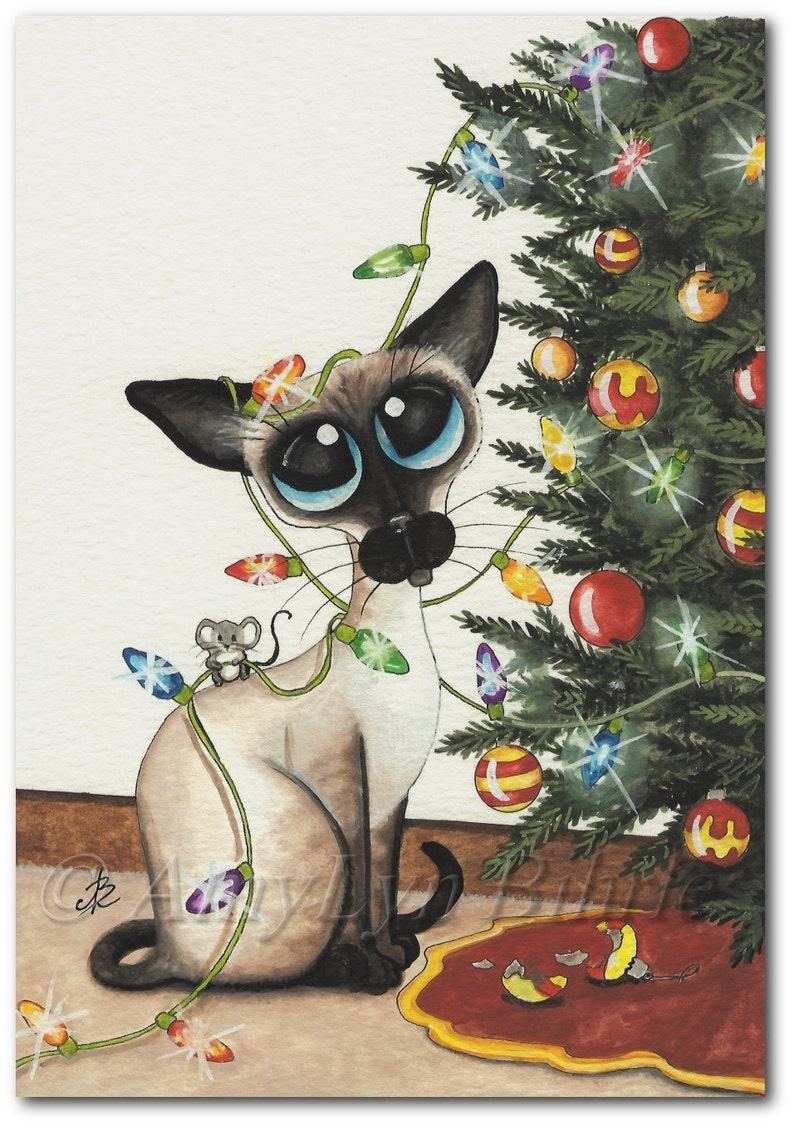 Siamese Cat Stringing the Christmas Lights Holiday Art Prints by Bihrle ck325 image 1