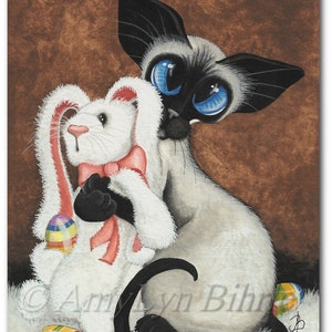 Siamese Cat Easter Bunny Hug Buddy Art Print by Bihrle ck402 image 1
