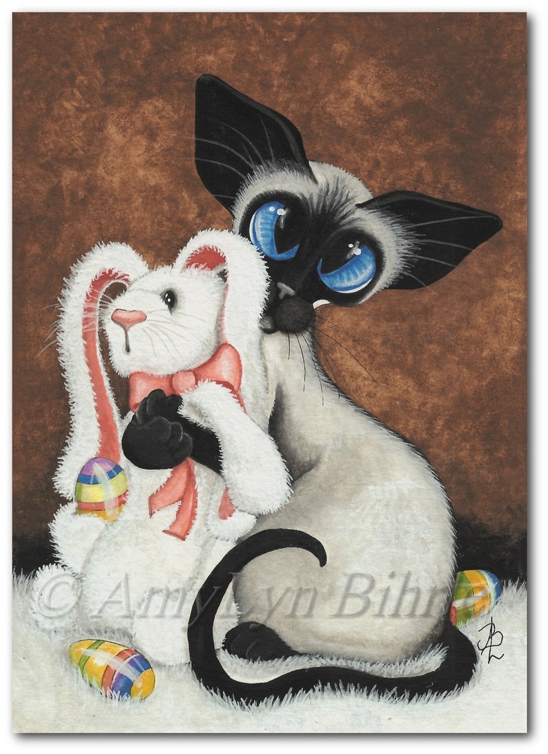 Siamese Cat Easter Bunny Hug Buddy Art Print by Bihrle ck402 image 1