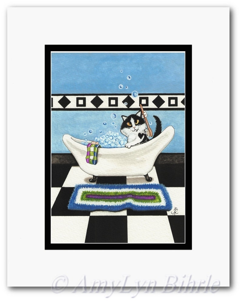 Tuxedo Cat Bathroom Bubbles Bath Decor Art Print by Bihrle Etsy