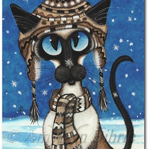 Siamese Cat Winter Snowflake Fun Christmas Holiday Art Prints by Bihrle ck320 image 1