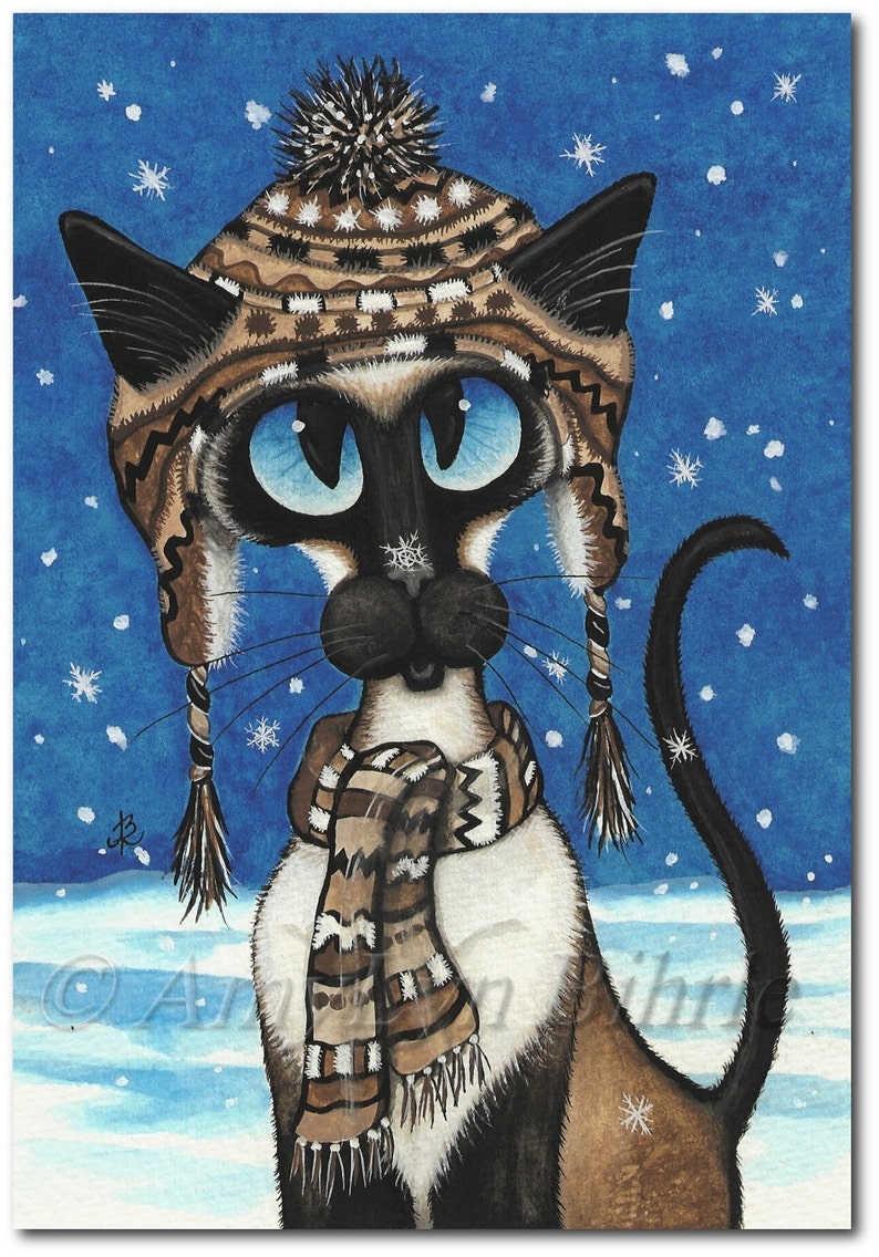 Siamese Cat Winter Snowflake Fun Christmas Holiday Art Prints by Bihrle ck320 image 1