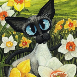 Siamese Cat Spring Flowers Easter Daffodils Art Prints & by Bihrle ck341 image 1