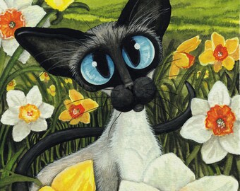 Siamese Cat Spring Flowers Easter Daffodils- Art Prints & by Bihrle ck341