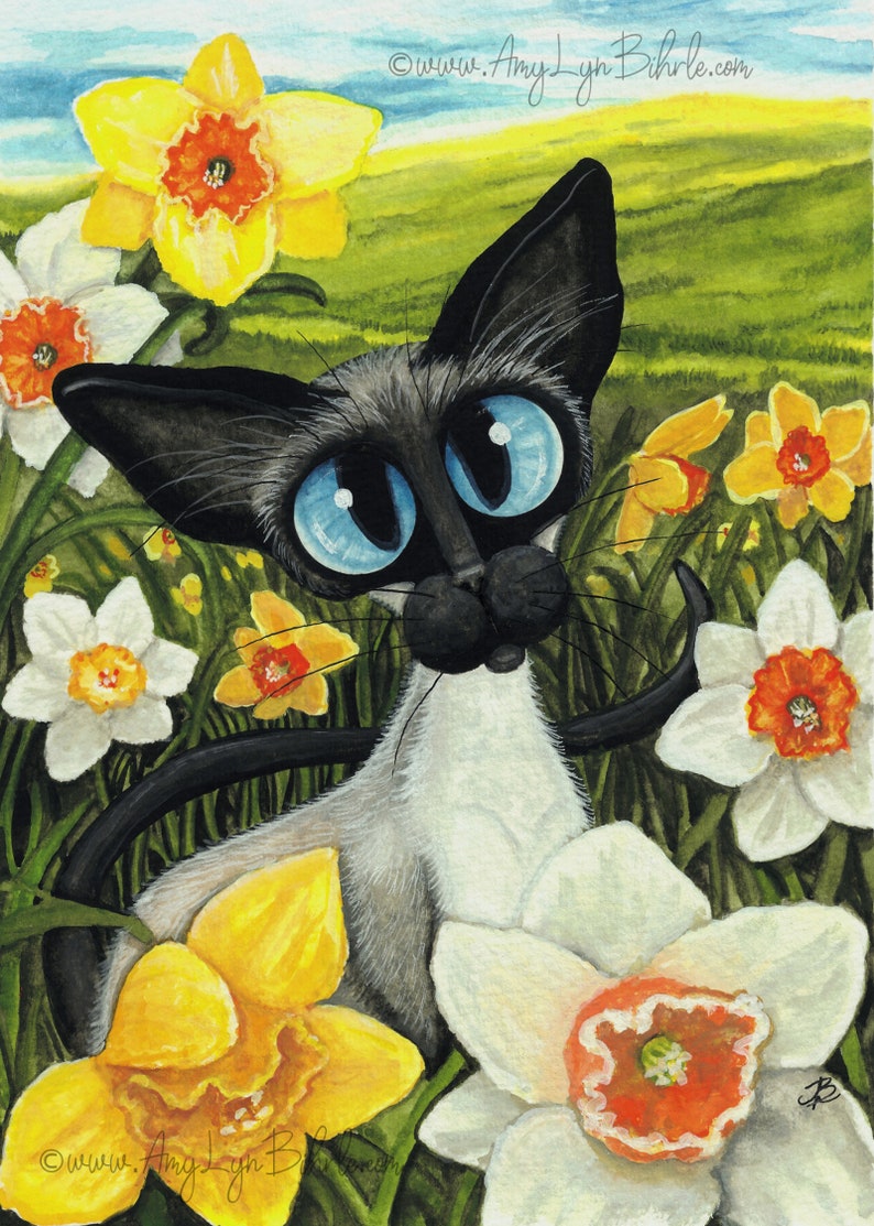 Siamese Cat Spring Flowers Easter Daffodils Art Prints & by Bihrle ck341 image 1