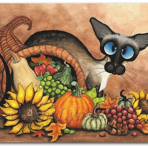 Siamese Cat Harvest Autumn Abundance Cornucopia - Sunflower Pumpkin Art Prints by Bihrle ck321 image 1