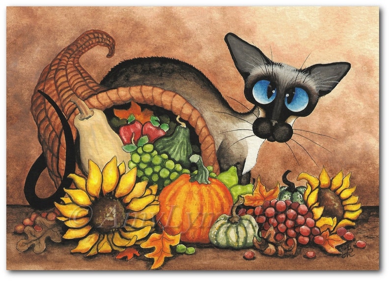 Siamese Cat Harvest Autumn Abundance Cornucopia - Sunflower Pumpkin Art Prints by Bihrle ck321 image 1