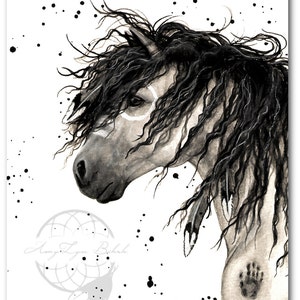 Majestic Horse Grey War Paint Feathers - Fine Art Prints from hand painted originals by Bihrle mm44