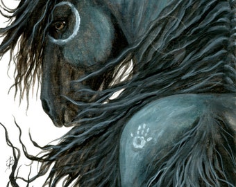 May include: A black horse with a long, flowing mane and tail. The horse has a white handprint on its side and a white circle around its eye. The horse is painted in a realistic style.