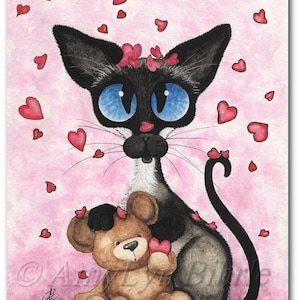 Siamese Cat Valentine Love Be Mine Bear ArT ArT Print by Bihrle ck333 image 1