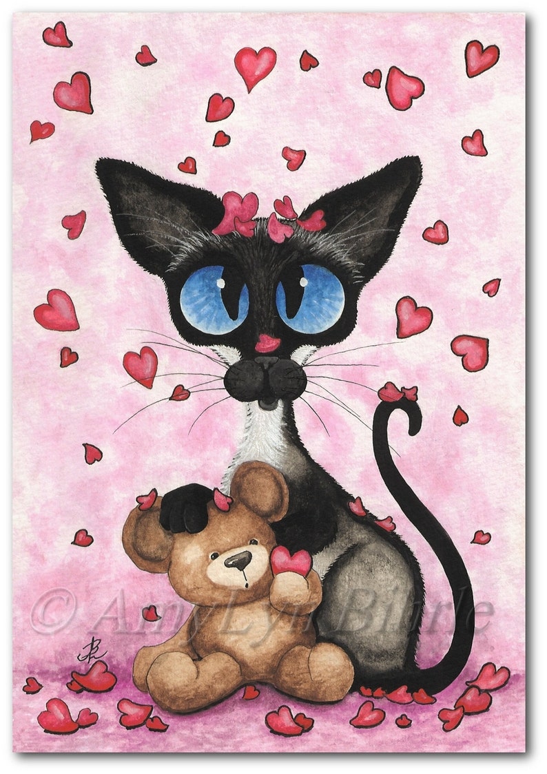 Siamese Cat Valentine Love Be Mine Bear ArT ArT Print by Bihrle ck333 image 1