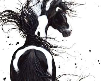 Majestic Pinto Horse Art Print: Black and White Painting m108e