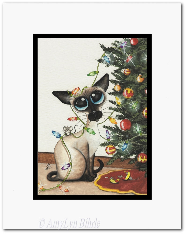 Siamese Cat Stringing the Christmas Lights Holiday Art Prints by Bihrle ck325 image 2