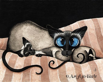 Siamese Cat Kittens Cuddling Family Pet ArT - Print by Bihrle CK374