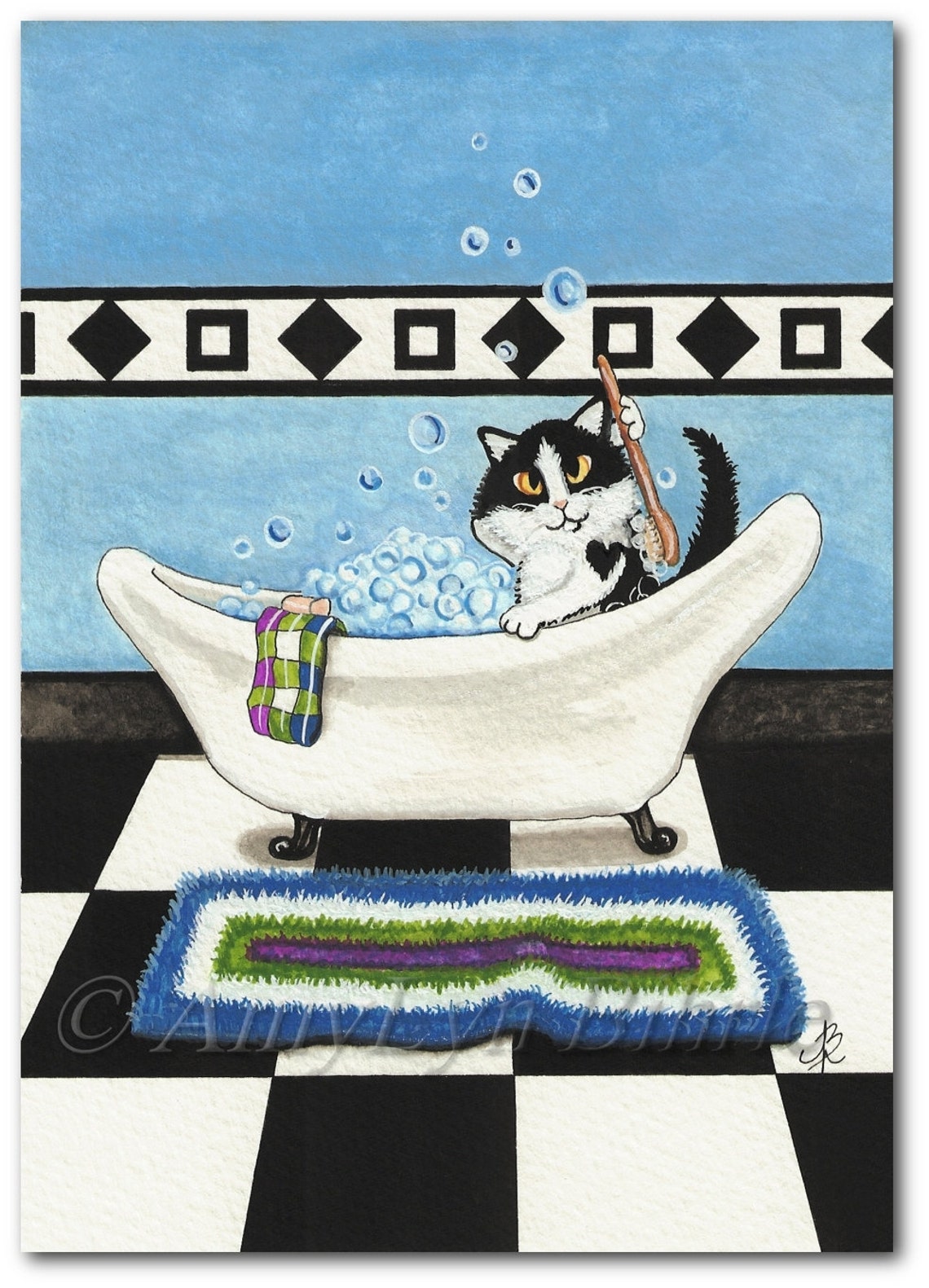 Tuxedo Cat Bathroom Bubbles Bath Decor Art Print by Bihrle Etsy