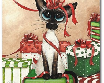 Siam Katze Weihnachten Geschenke Weihnachten Red Ribbon - Kunstdruck von Bihrle ck324