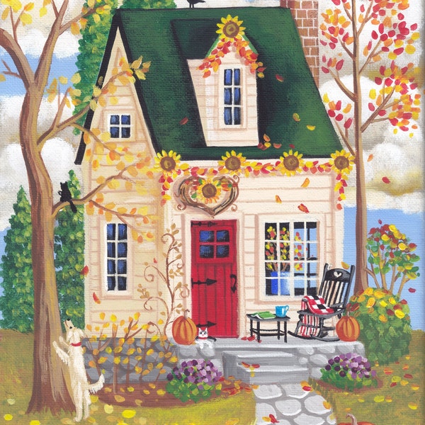 Autumn Cottage Folk Art Print