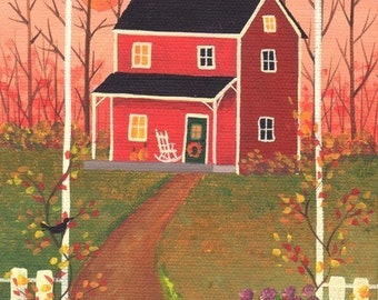 Welcome Autumn Cottage Folk Art Print