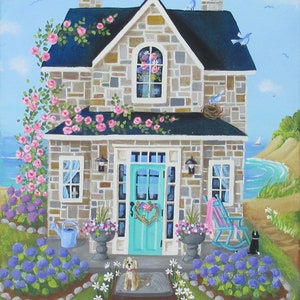 Stone Cottage By the Sea ~ Folk Art Print ~ Cottage Wall art by Kim Leo