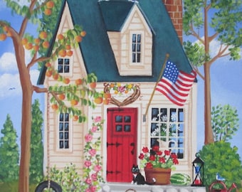 Original Folk Art Cottage Painting ~ Summertime Cottage ~ Hand Painted Canvas Wall Art