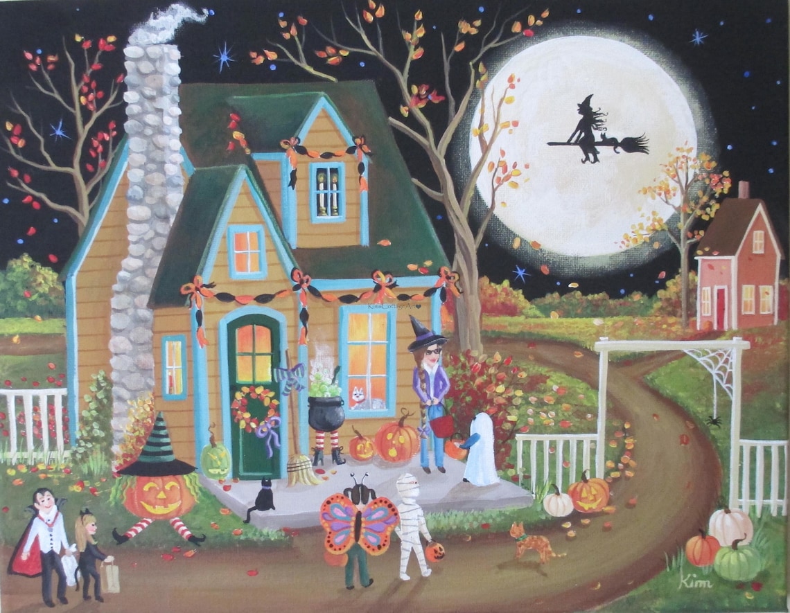 Halloween Moon Folk Art Print: Signed Archival Paper, Choose a Size - Etsy