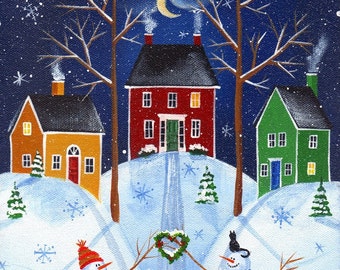 Snow Village Folk Art Print