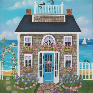 Nantucket Breeze Cottage Original Folk Art Print