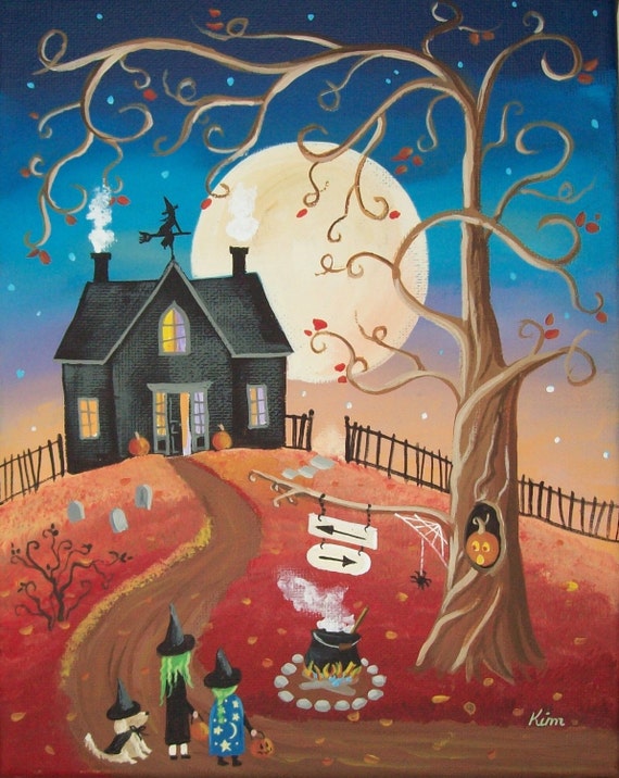 Folk Art Witch Way Halloween Folk Art Print | Etsy
