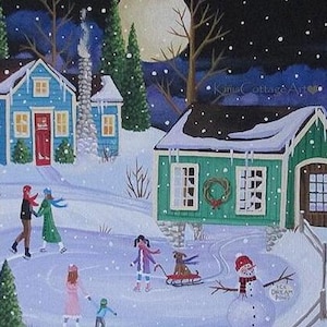 Ice Dream Pond ~ Winter Skating Folk Art Print