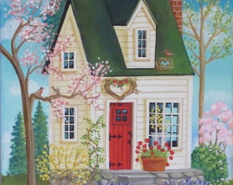 Springtime Cottage Folk Art Print