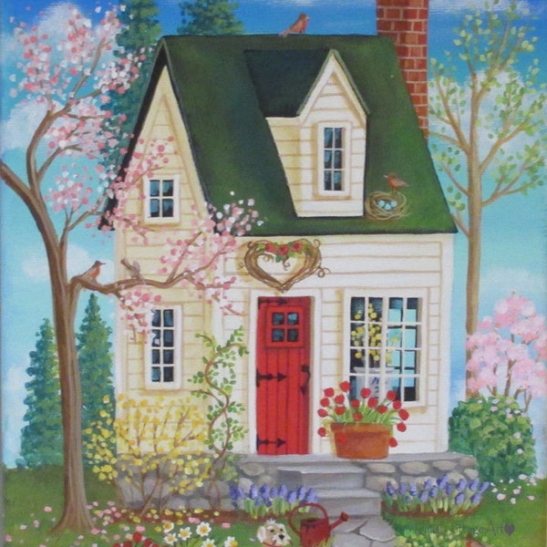 Springtime Cottage Folk Art Print