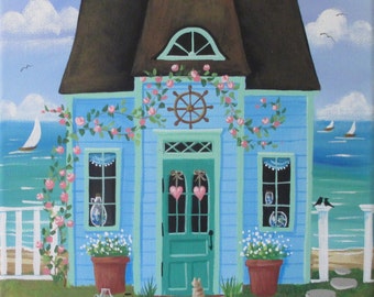 Sea Glass Cottage Folk Art Print