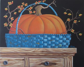 Folk Art Autumn Print~Blue Basket