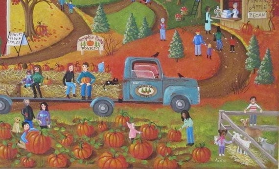 Autumn Landscape Hayride Pumpkins Barn Apples Folk Art Print - Etsy