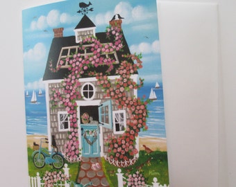 Nantucket Rose Cottage Blank Card with Envelope Artwork by Kim Leo