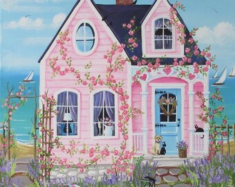 May include: A pink cottage with a blue door and white trim, surrounded by a lush garden with lavender and roses. The cottage has a white picket fence and a blue sky with white clouds in the background.