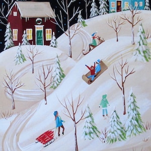 The Hill Seekers Winter Sledding Folk Art Print
