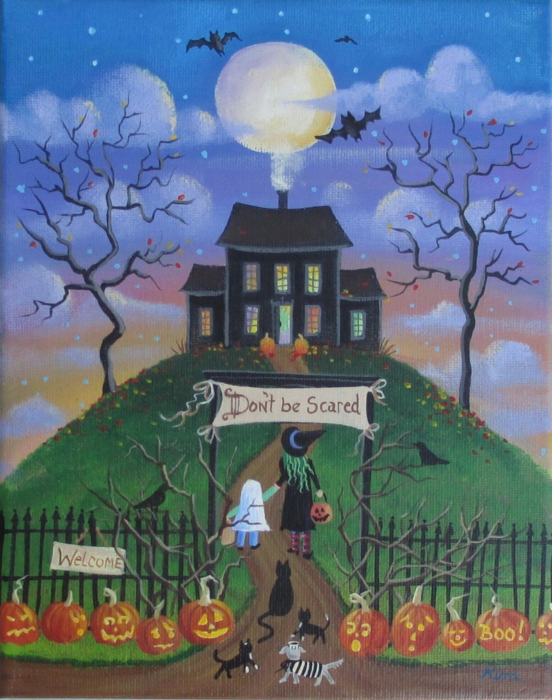 Haunted House Halloween Folk Art Print zdjęcie 1