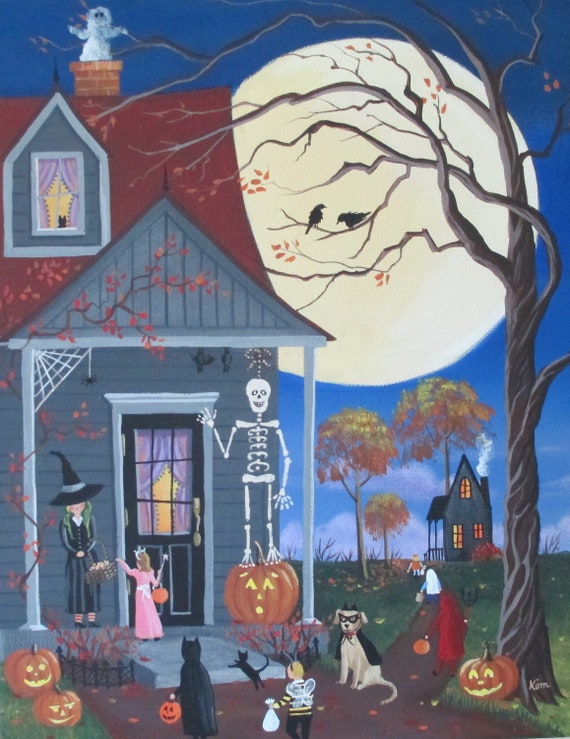 Halloween Folk Art Printtrick or Treat | Etsy